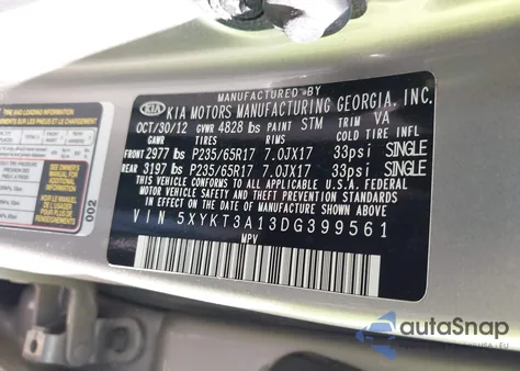 2013 Kia Sorento Lx from USA, damaged, VIN 5XYKT3A13DG399561